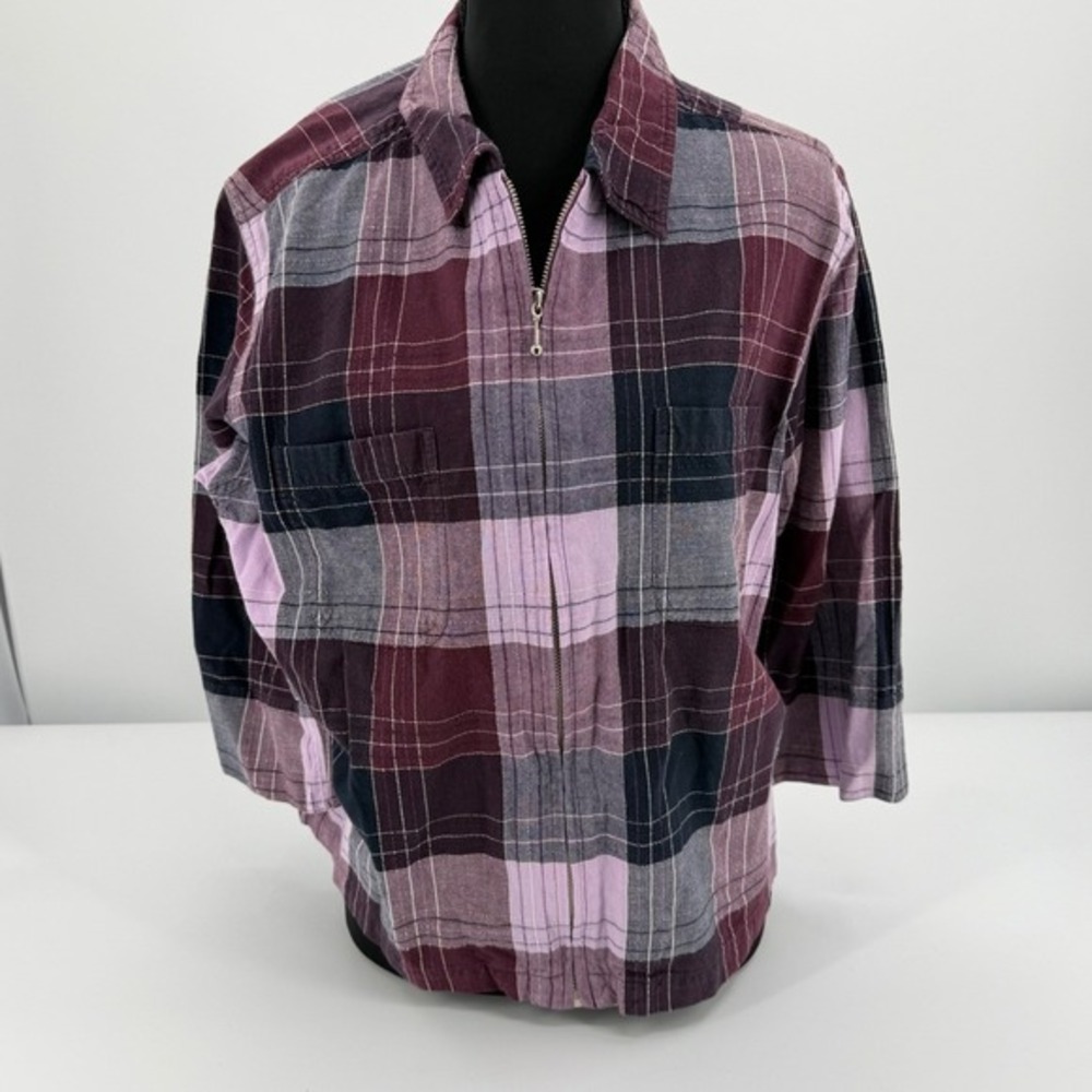 Plaid Zip Front Shirt Jacket Women's Large‎ Burgundy Pink Navy Cotton Grunge - Picture 3 of 11